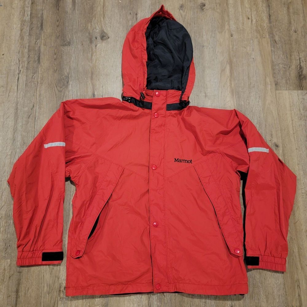 Vintage 90s Marmot‎ Rain Jacket Removable Hood Full Zip Botton Snaps Adult Small